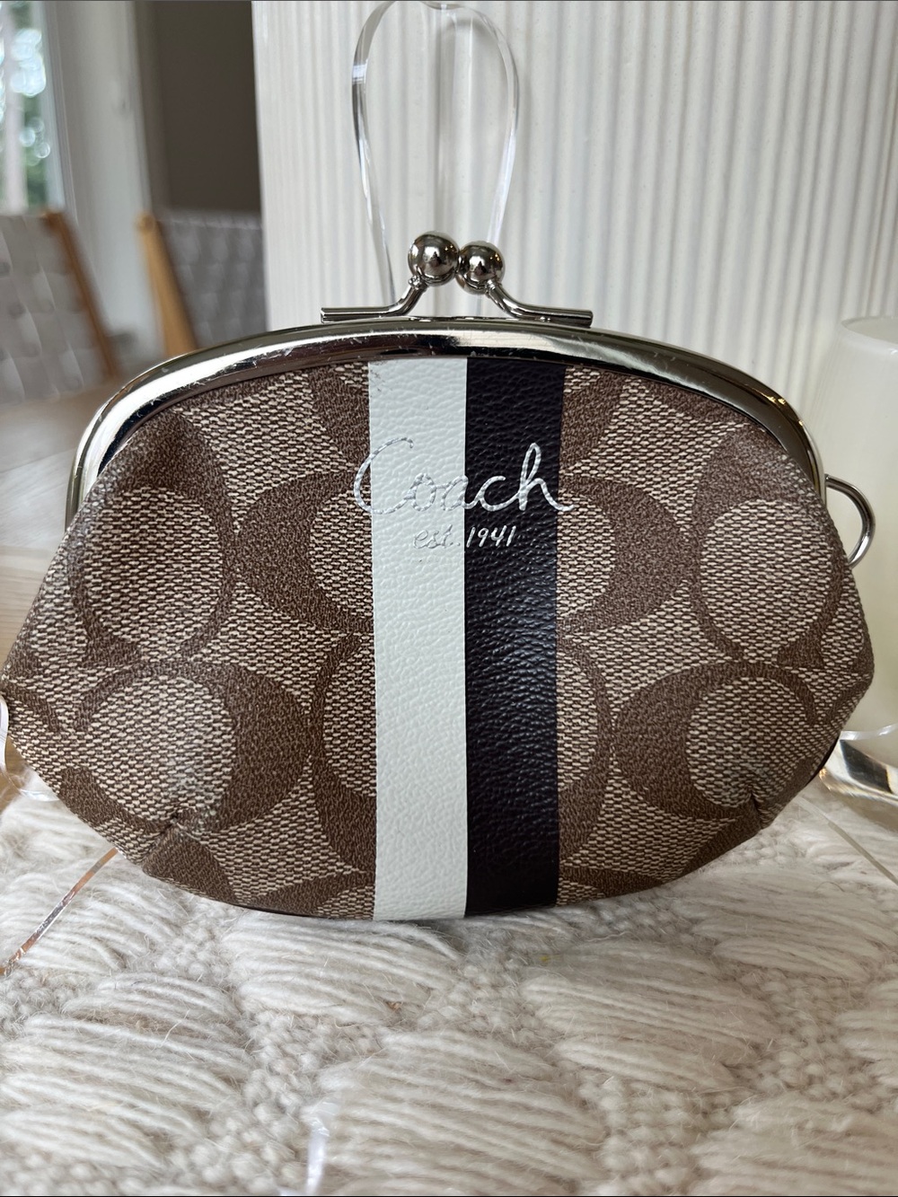 Coach Brown Signature Kiss-Lock Coin Purse with Black & White Stripe
